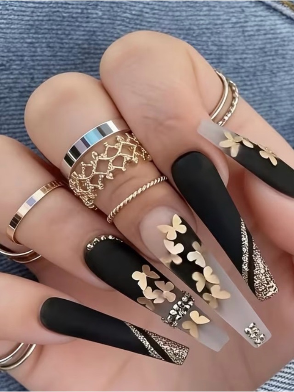 Matte Black & Gold Butterfly Stiletto Press-On Nails